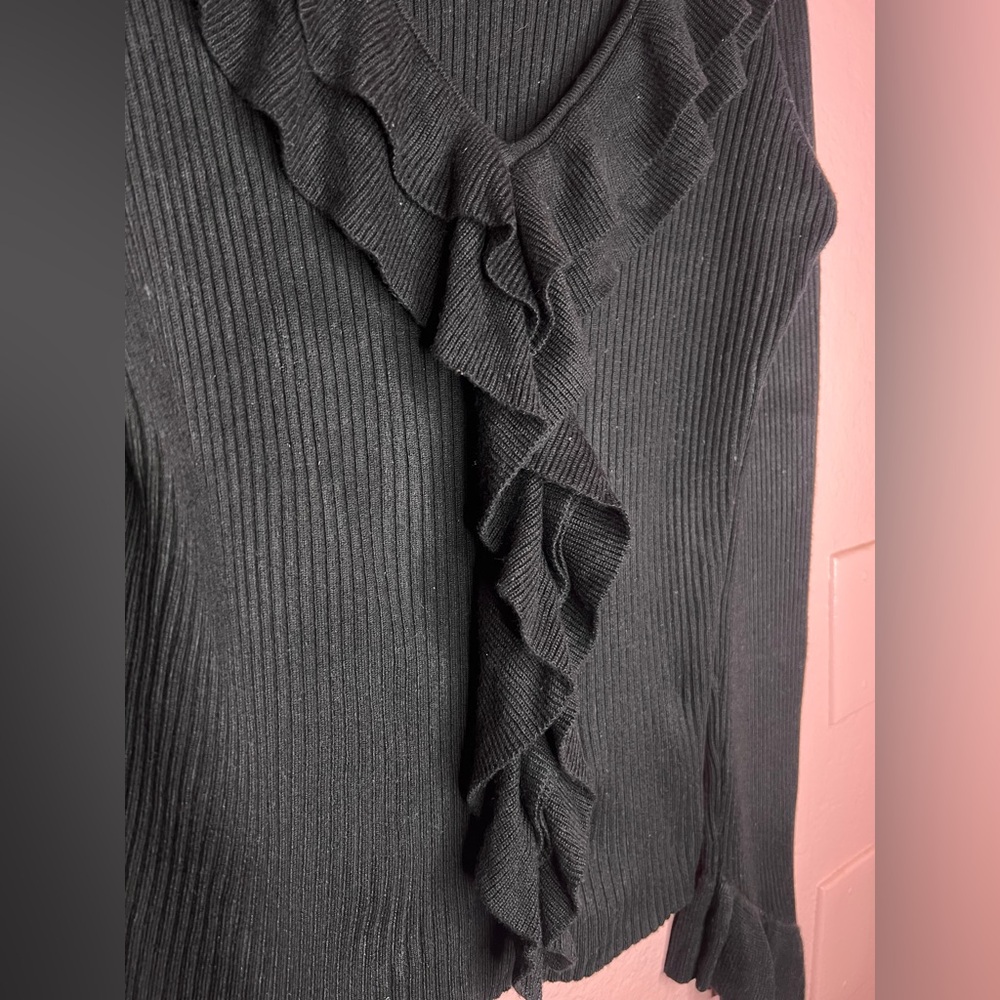 Black Ruffled V-Neck Sweater - Picture 2 of 3